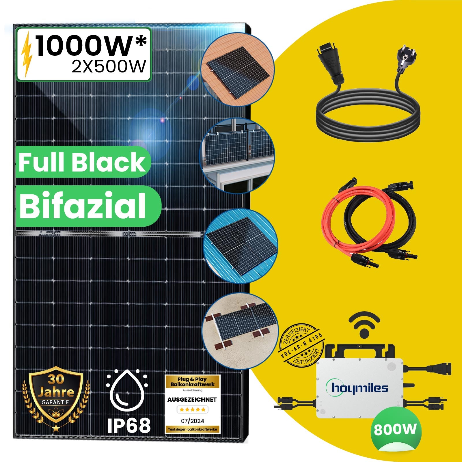 1000W Balkonkraftwerk Bifazial mit Speicher Photovoltaik Solaranlage mit WIFI Wechselrichter Smart Mini PV Anlage und PV Halterung