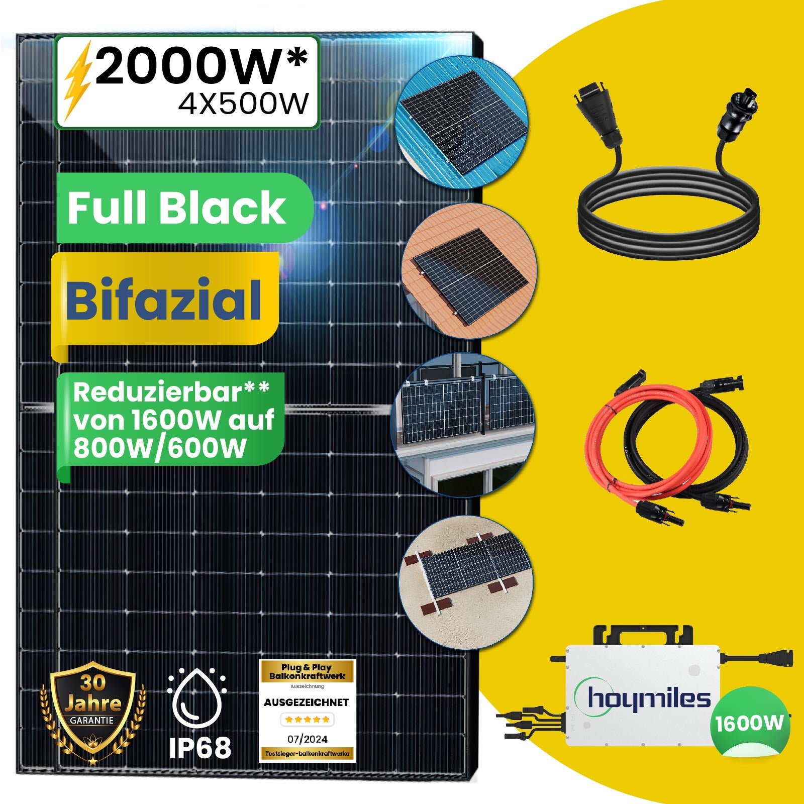 2000W Balkonkraftwerk Bifazial mit Speicher Photovoltaik Solaranlage mit WIFI Wechselrichter Smart Mini PV Anlage und PV Halterung