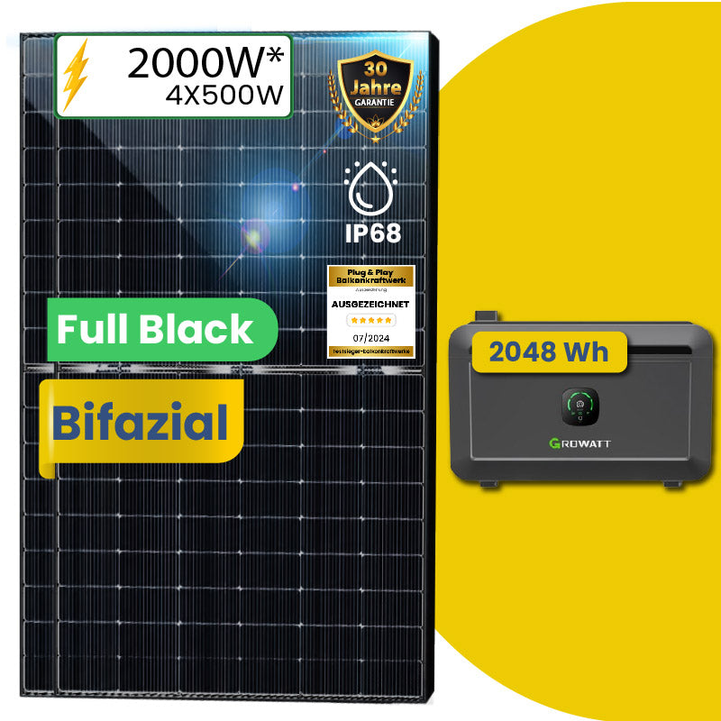 4x 500W Bifaziale Module mit Solarspeicher Growatt NOAH 2000 Speicher für Balkonkraftwerk