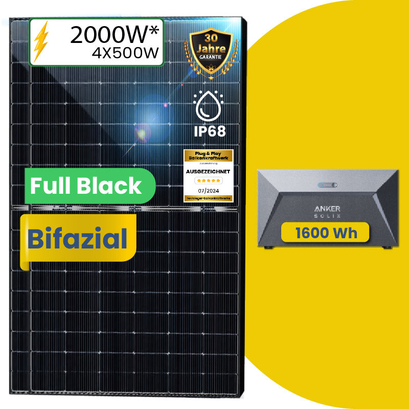 4x 500W Bifaziale Module mit Solarspeicher 1,6kWh Anker SOLIX Solarbank E1600 Speicher für Balkonkraftwerk