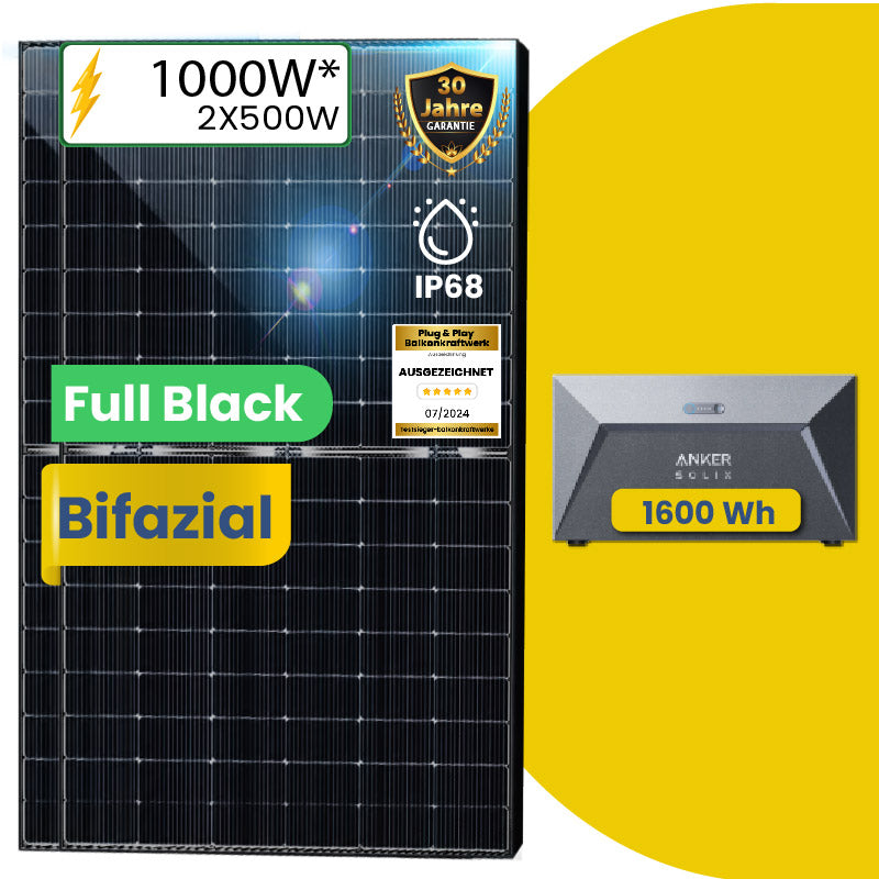 2x 500W Bifaziale Module mit Solarspeicher 1,6kWh Anker SOLIX Solarbank E1600 Speicher für Balkonkraftwerk