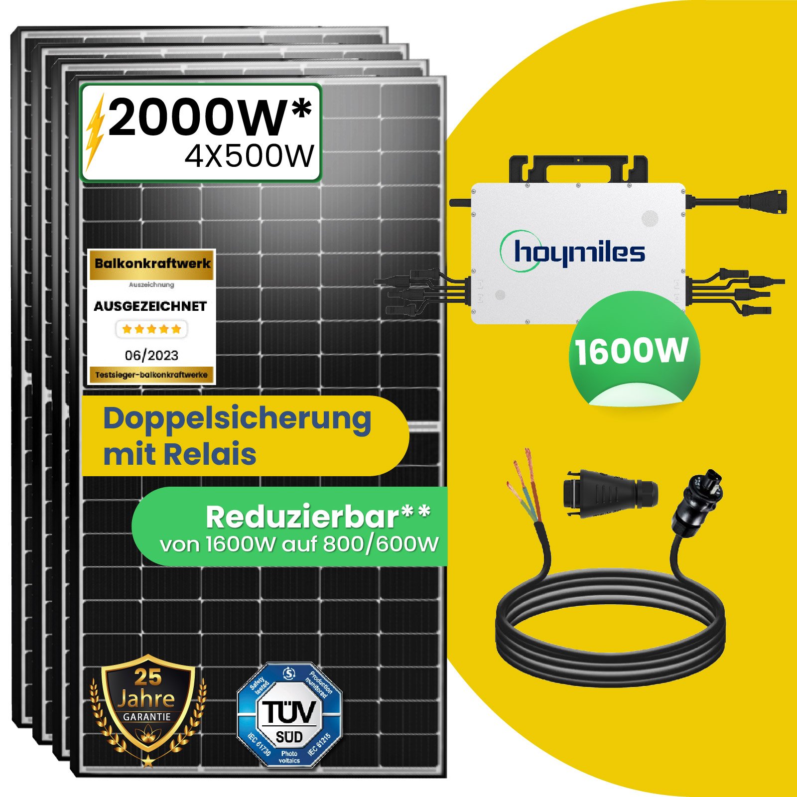 2000W Photovoltaik Balkonkraftwerk mit EPP 500W Solarmodule, Hoymiles  HMS-1600-4T Wechselrichter und 10m Wielandstecker